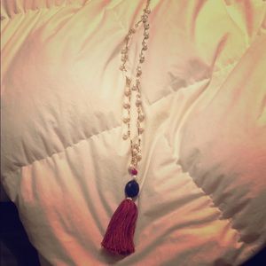 Long pearl, red, and black necklace
